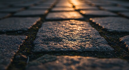 Cobblestone Path at Sunset: A Close-Up View of Texture and Golden Light