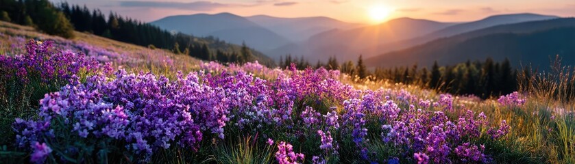 Obraz premium Blowing in the wind through dreamy grass and flower field concept. A vibrant field of blooming flowers under a golden sunset.