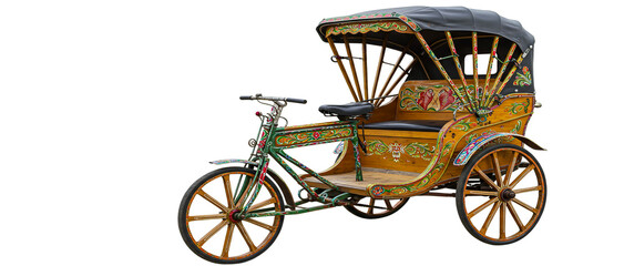 Fototapeta premium A beautiful hand painted yellow and green rickshaw isolated on a white background.