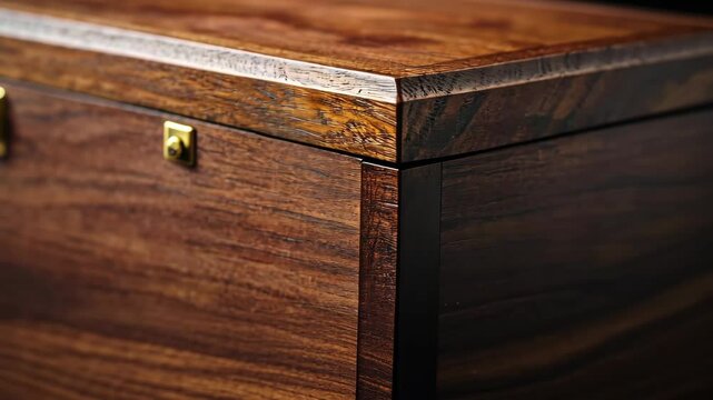 Elegant wooden box opening with brass hinges in smooth closeup transition