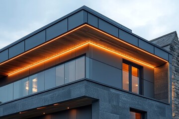 Fototapeta premium Modern building exterior with illuminated edge details, elegant design