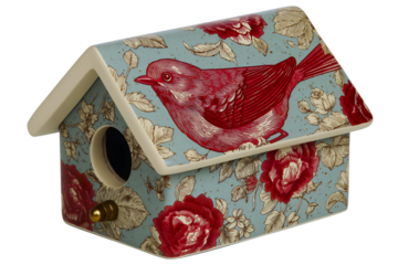 Birdhouse with vintage red bird and rose pattern on light blue background featuring detailed floral illustrations and brass hardware for garden decor and cottage style home accessories.