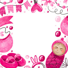 Greeting square border frame card watercolor newborn baby girl hand drawn baby shower. Pink girl with  booties for nursery decor. Perfect for newborn birthday. Baby shower