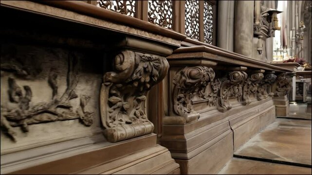 Elaborate detailed wood carvings adorn sanctuary's elevated wall, showcasing floral and leaf motifs, scrolled corbels, and classic architecture.