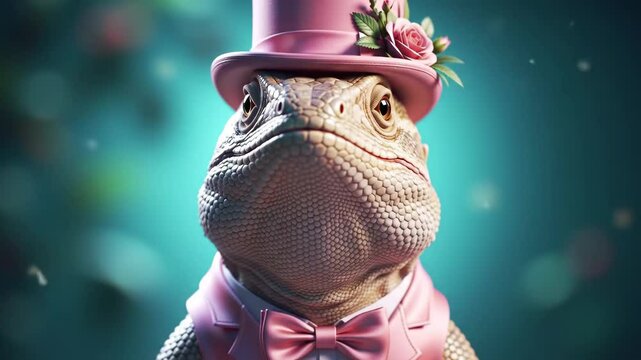 Dapper lizard in pink suit and hat with rose, blinking and breathing gently