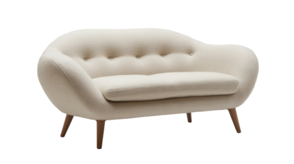 Cream-colored, rounded loveseat with button tufting