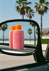 Sunscreen essentials reflected in car mirror with beachy backdrop