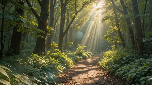 Sunlight path through lush forest high quality 4 k footage