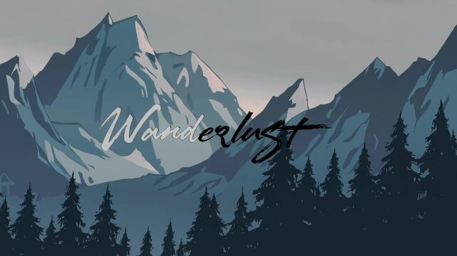Cinematic wanderlust typography overlay on animated misty mountain landscape with dark forest silhouette, evoking adventure, freedom, and inspiration for outdoor travel lovers
