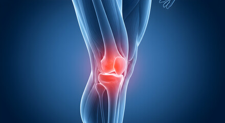 Artistic Rendering of Knee Joint Highlighting Inflammation Against Blue Background