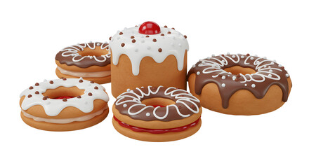 Assorted Baked Goods Featuring Donuts and a Decorated Cake on a White Backdrop