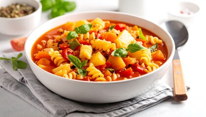 Delicious and hearty pasta soup, perfect for a cozy night in.  Vibrant colors and fresh basil add to its appeal. A comforting and flavorful meal.
