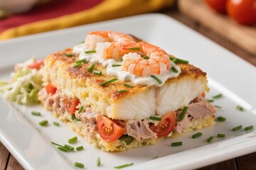 Delicious spanish Fish cake. Hake cake with tuna, tomato, shrimps, chive and salad cream
