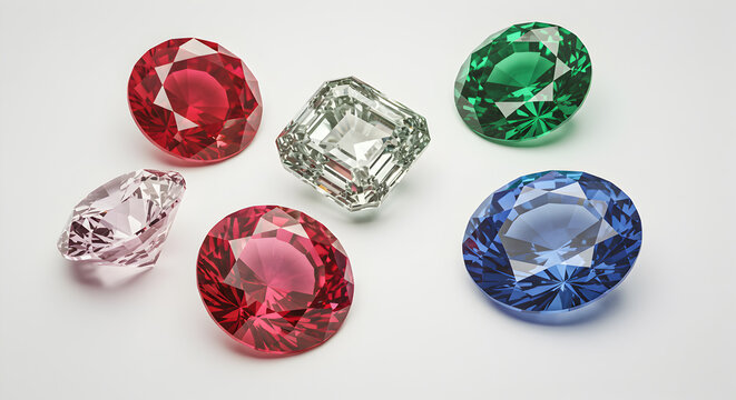 Assorted Gemstones Displayed On White Surface Highlighting Facets and Varied Colors