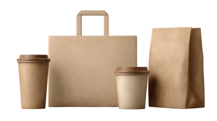 Blank Label Paper Bag and Coffee Cup To Go Set on Transparent Background
