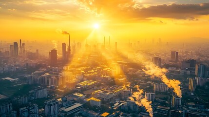 Fototapeta premium Golden Sunrise Illuminates Industrial Cityscape