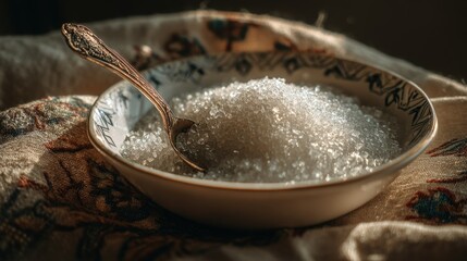 Fototapeta premium Detailed image of sugar crystals in a white ceramic bowl with vintage spoon and warm kitchen lighting