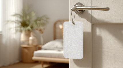 Door handle with minimalist white hanger tag mockup, styled in a bright and modern home interior