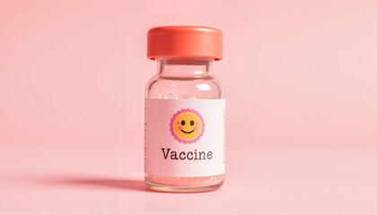 Vaccine vial with smiley face label on pink background for World AIDS Day  
