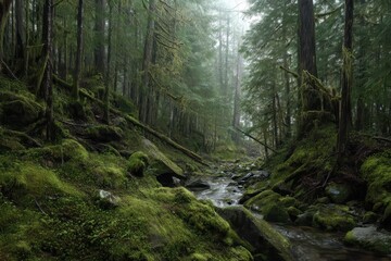 Fototapeta premium Serene temperate rainforest with misty morning light, moss-covered rocks and babbling brook under ancient trees