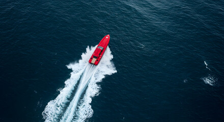 Dynamic Red Speedboat Glides Across Dark Blue Sea Creating White Wake on Sunny Day