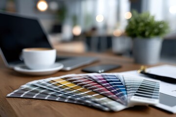 A modern workspace showcases a cup of coffee and an array of color swatches, symbolizing creativity and design, perfect for inspiring artistic endeavors and work projects.