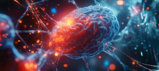 Detailed artistic rendering of a human brain illustrating neural activity and cognitive processes