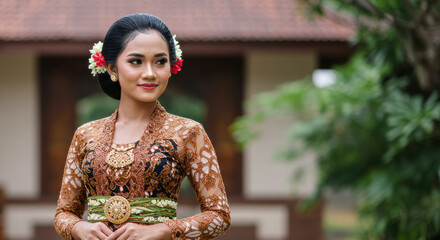 Fototapeta premium Portrait of a beautiful Javanese woman wearing a typical Javanese outfit, a combination of batik and kebaya