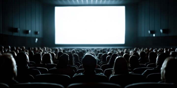 Audience watching blank white screen in a dark cinema movie theater.