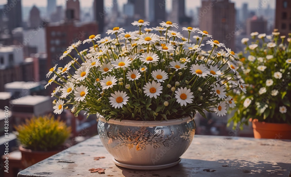 Aufkleber large bouquet of white daisies in a silver bowl sits on a table. the flowers are arranged in a way t