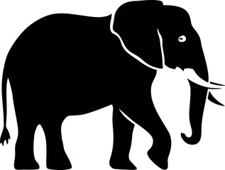 
Black silhouette of an elephant walking, with visible tusks and trunk.