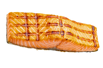 Grilled salmon fish fillet with char marks isolated on a transparent background