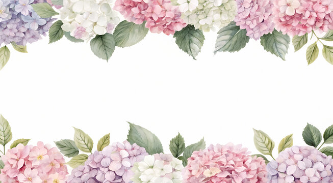 Watercolor flowers soft pink hydrangea and green leaves border a white, elegant floral frame.
