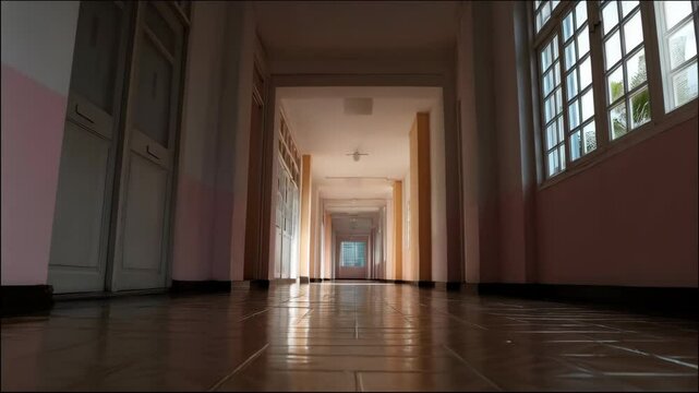 Long empty interior corridor with windows and doors, low angle shot, glossy floor, vintage architecture, and perspective view to the end of hallway