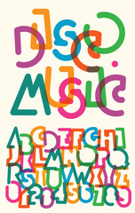 simple, humorous, geometric, outline, color font with disco music, holiday and party themes. Like neon lights. Latin alphabet letters and numbers. No AI used.