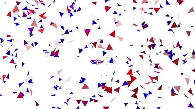 Bunter Konfetti Regen vor wei&szlig;em Hintergrund, blauen, rosa Dreiecken auf wei&szlig;em Hintergrund. Festliches Design f&uuml;r Feier, Party, Event-Einladungen, Gru&szlig;karten.