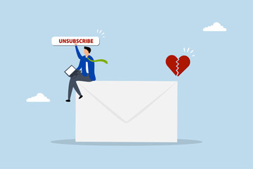 Unsubscribe email exit from mailing list, businessman working with computer laptop push unsubscribe button.