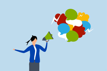 Speak out, businesswoman talk on megaphone with speech bubble voice message.