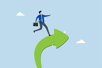 Obraz premium Increase business success, businessman ride upward rising success arrow upward direction.