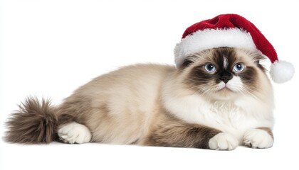 Fluffy Cream Cat in Santa Hat on White Background