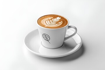 Minimalist Coffee Cup with Latte Art on White Background