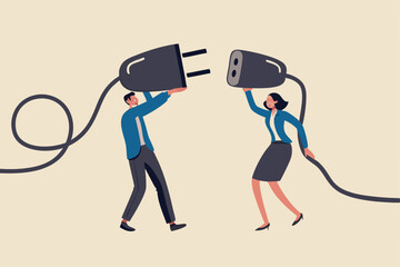 Business partnership, teamwork collaboration or work meeting and discussion to get solution concept, smart businessman and businesswoman, office people holding electric plug to connecting business.