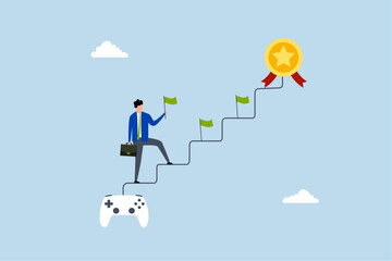 Gamification, joyful businessman walk up stair from gaming joystick to achieve target.