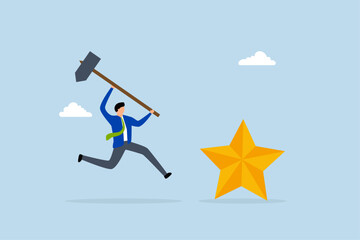 Downgrade credit rating, businessman hit star credit rating with big hammer.
