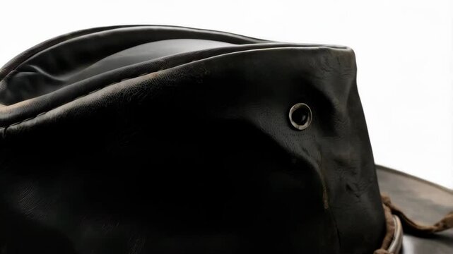 Close-up of a weathered, dark leather cowboy hat with tied leather cord and metal eyelet details isolated on white