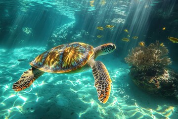 Fototapeta premium Majestic Sea Turtle Gliding Gracefully Through Sunlit Crystal Clear Ocean Waters Surrounded by Vibrant Marine Life and Coral Reefs