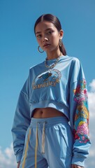 Obraz premium Filipino female teen wearing streetwear on a sky blue background