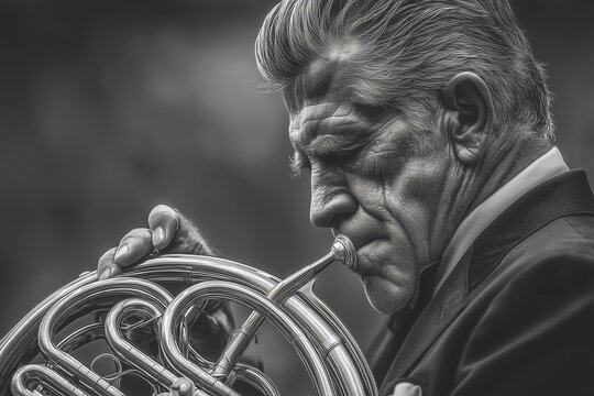 Close-Up Black-and-White Portrait of a Musician Playing the French Horn