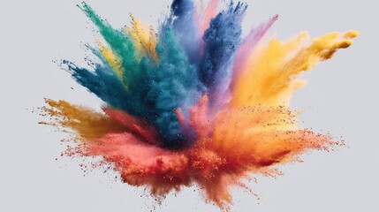 Obraz premium High-speed photo of multicolored powder dispersing from the center outward on a solid white background, perfect for creative ads