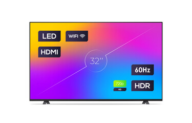 Smart TV with information on screen and colorful background. Diagonal screen size in 32 inches. Realistic LED TV wide display with thin frame. Template for advertising. Vector illustration